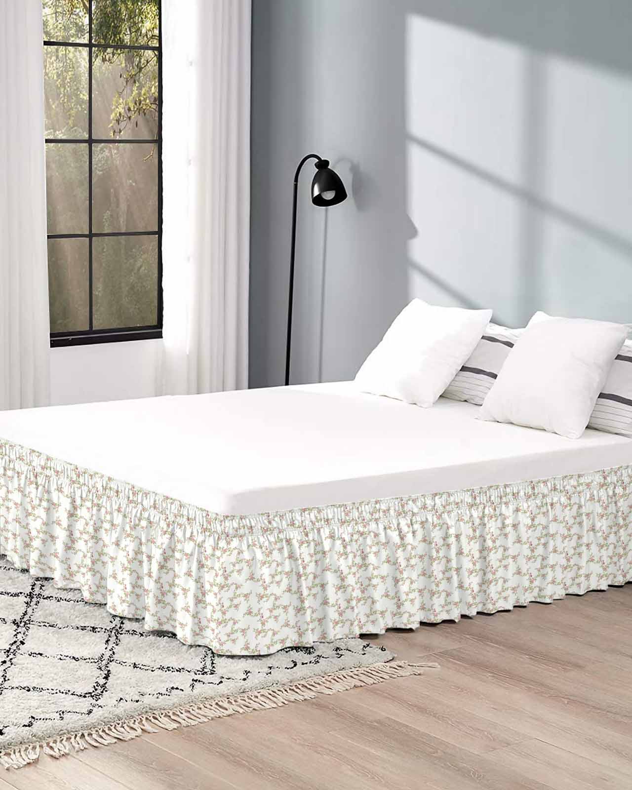 Pink Floral Wrap Around Bed Skirts for Queen Bed 18" Drop,Bed Skirt with Adjustable Elastic Belt Dust Ruffle Bed Valance for Bedroom Hotel Luxury Vintage Leaves Flowers Rustic Plants Bed Frame Cover