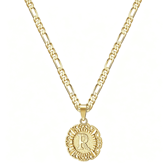 DESIGNICE Initial Necklaces for Women, 14K Gold Plated Round Letter Pendant Capital Monogram Necklace Alphabets from A-Z Figaro Chain Jewelry R Initial Necklace