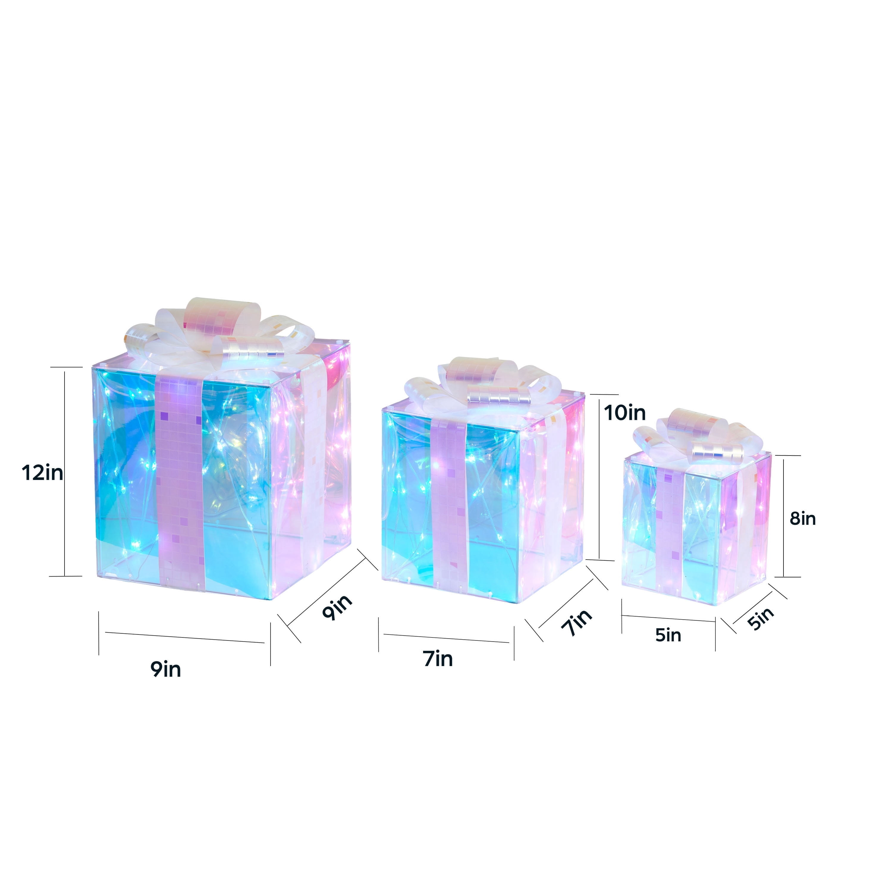 Indoor/Outdoor Light-Up Prismatic Gift Boxes Christmas Decorations with 80 LED Lights, Cool White, Set of 3, by Holiday Time