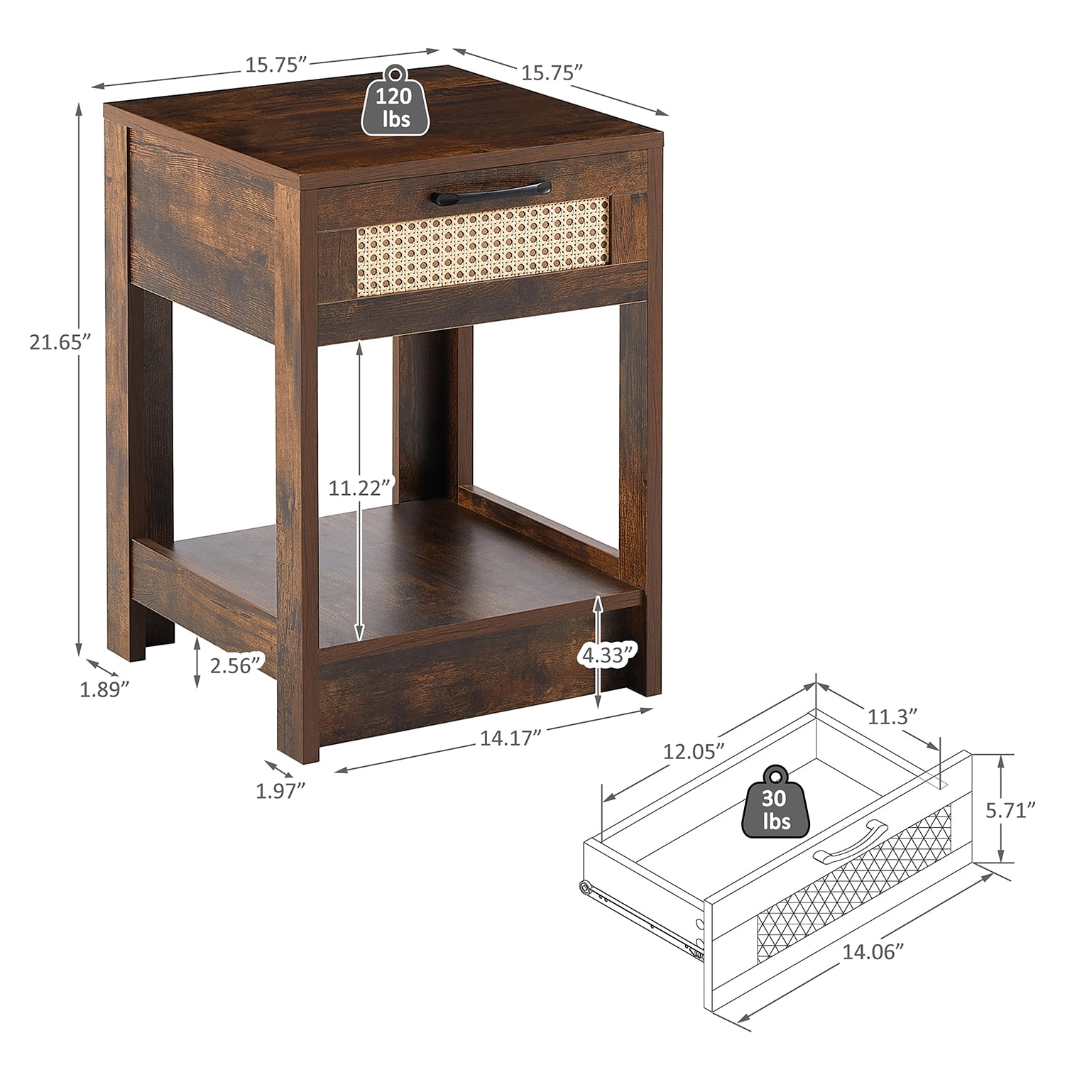 Kepooman 15.75" Rattan Night Table, Versatile Nightstand Bedside Table with a Drawer and Shelf, Modern End Side Table for Bedroom, Rustic Brown