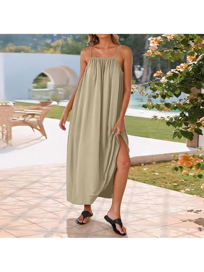 low back flowy maxi dress Faymlc Women Halter Neck Pleated Maxi Dress Sleeveless Backless Smocked Long Dress Open Back Flowy Sundress Vacation Dresses (Apricot, S) at Amazon Women's Clothing store