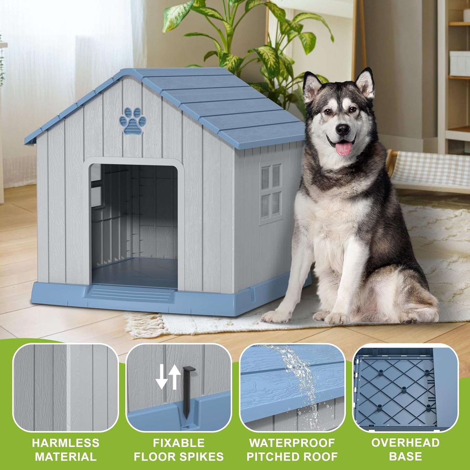 Blue 31" Indoor/Outdoor Weatherproof Dog House – Elevated Floor for Small to Large Breeds, Tool-Free Assembly