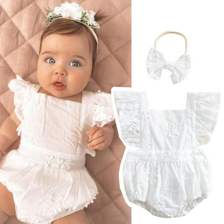 

Qtinghua Infant Baby Girls Fly Sleeves Lace Square Neck Romper Backless Jumpsuit with Headband Summer Clothes White 0-6 Months