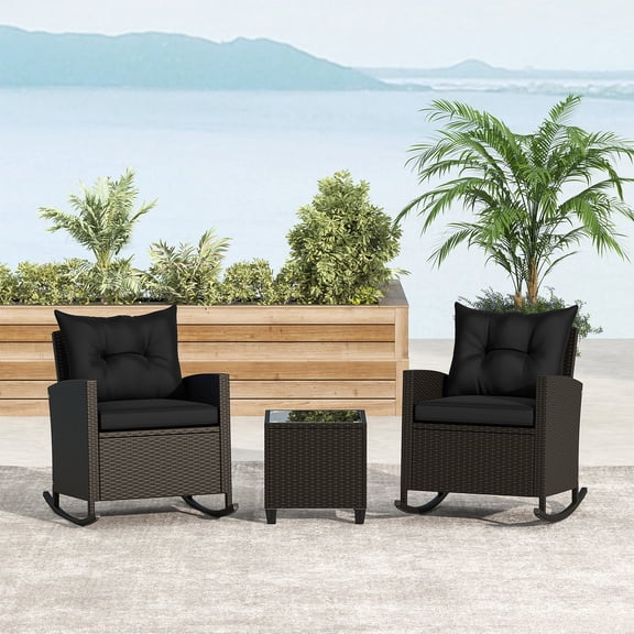 Gymax Set of 3 Wicker Rocking Set w/ Tempered Glass Table Patio Outdoor Black