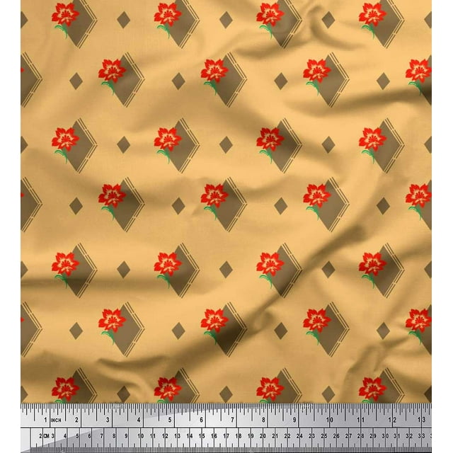 Soimoi Silk Fabric Diamond Shape & Floral Artistic Printed Fabric 1 Yard 42 Inch Wide