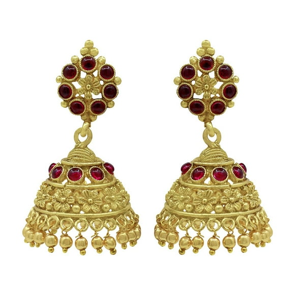 Radhna Floral Shape Design Antique Gold Plated South Indian Collection Kempu Stone Work Jhumka Earring - Red