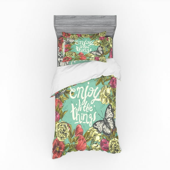 Ambesonne Saying Bedding Set 3 Pcs, Sketch of Spring Blooms, Twin XL, Multicolor