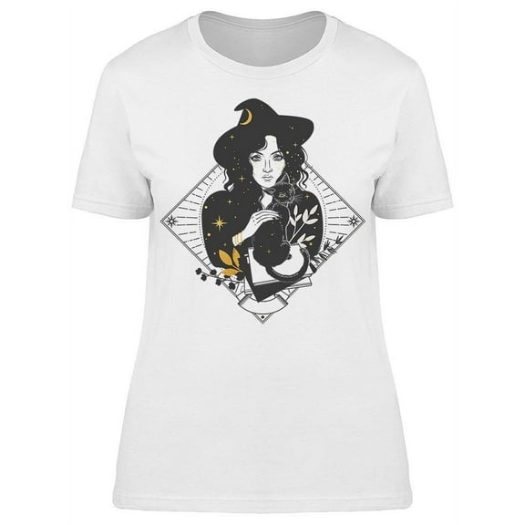 Pretty Witch With Black Cat  T-Shirt Women -Image by Shutterstock, Female Medium