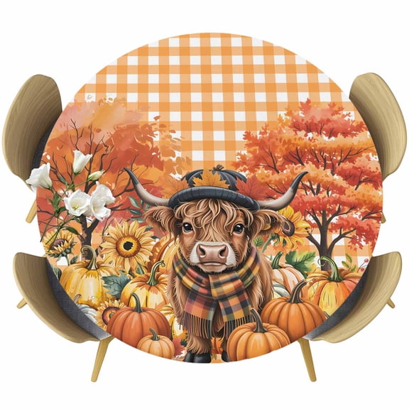 Orange Pumpkin Fall Round Tablecloth, Fitted Table Cover with Elastic for 45"-54" Round Tables, Cattle Thanksgiving Checkered Farmhouse Table Cloth Outdoor Indoor Dinning Party Waterproof Tablecloths