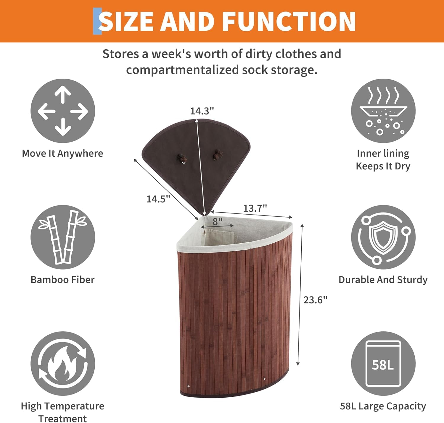 Garvee 58 L Hamper with Lid, Bamboo Laundry Basket with Removable Liner & Handles, Brown