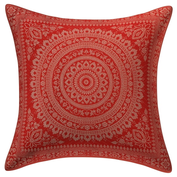 Stylo Culture Indian Brocade Decorative Throw Pillow Sham Cover Red 16 x 16 Traditional Jacquard Weave Gold Sofa Cushion Cover 40x40 cm Polydupion Silk Mandala Square Pillow Case | 1 Pc