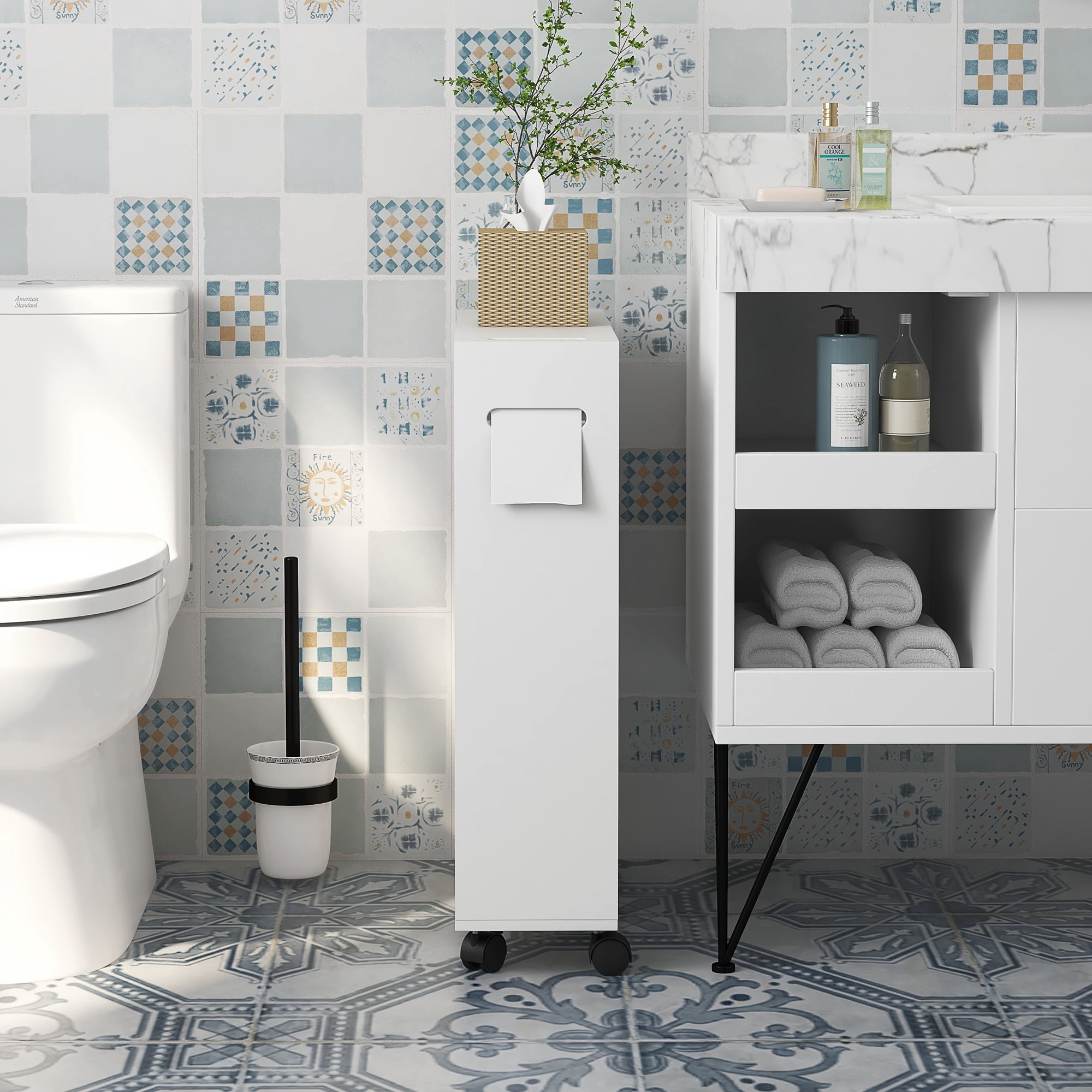 kleankin Small Bathroom Storage Cabinet on Wheels, Slim Toilet Paper Cabinet with 2 Holes, Sliding Doors and Adjustable Shelf, White
