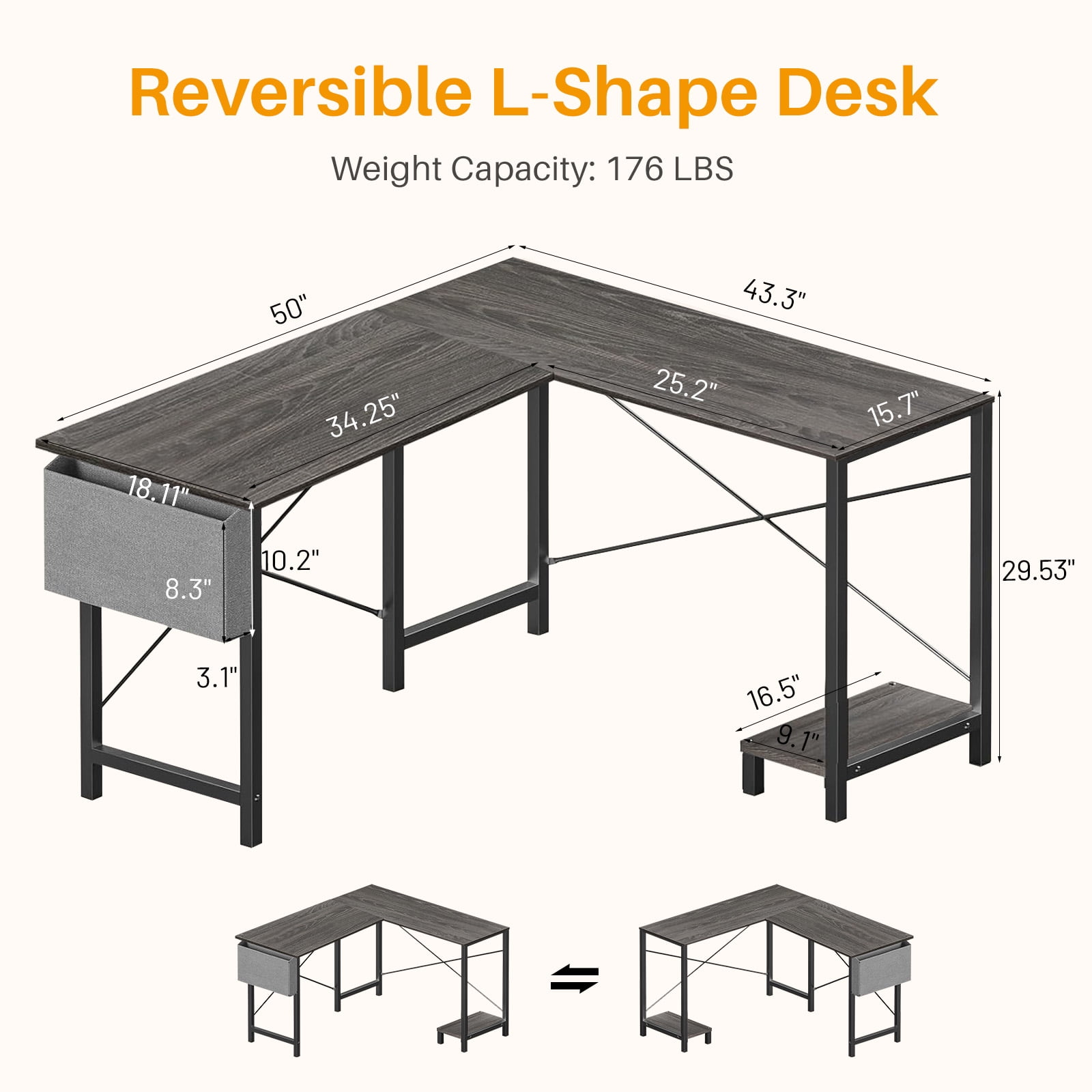 L Shaped Gaming Desk, 50 Inch Reversible Corner PC Work Table for Writing Study, Wood Tabletop and Metal Frame, CPU Stand Side Bag for Home Office Small Space, Gray