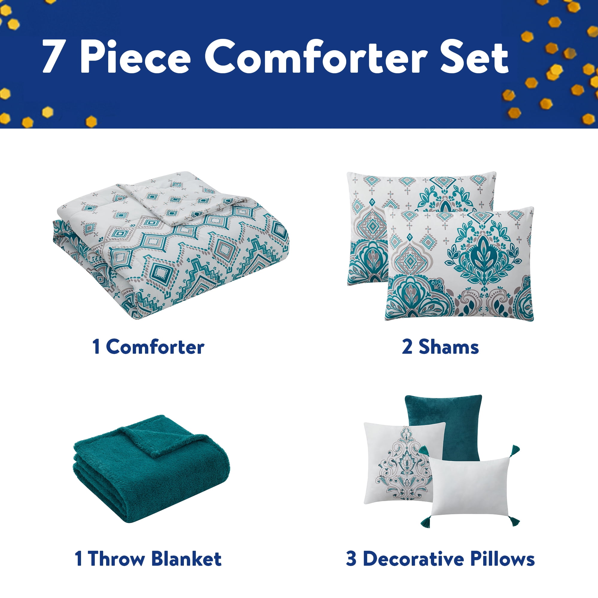 VCNY Home Evergreen 7-Piece Teal Damask Reversible Comforter Set, King, Adult, Unisex