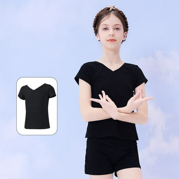 Rolanko Children's summer dance costume, girls' short sleeved casual cotton top, ballet, gymnastics, yoga performance costume