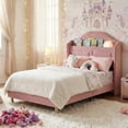thumbnail image 1 of Twin Bed Frames for Kids/Girls, Wingback Velvet Platform Bed with LED Lights for Princess, Upholstered Storage Headboard, Wooden Slats Support, No Box Spring Needed, Pink, 1 of 7