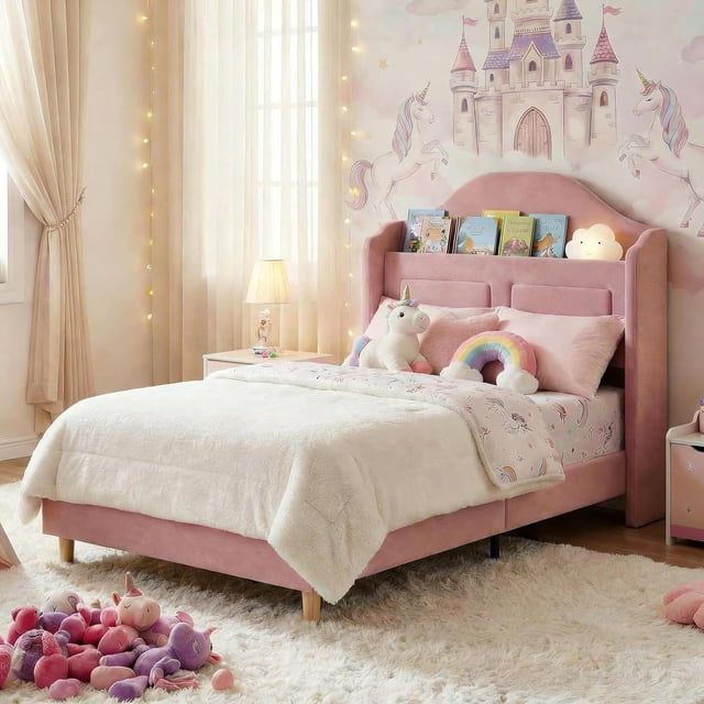 Twin Bed Frames for Kids/Girls, Wingback Velvet Platform Bed with LED Lights for Princess, Upholstered Storage Headboard, Wooden Slats Support, No Box Spring Needed, Pink