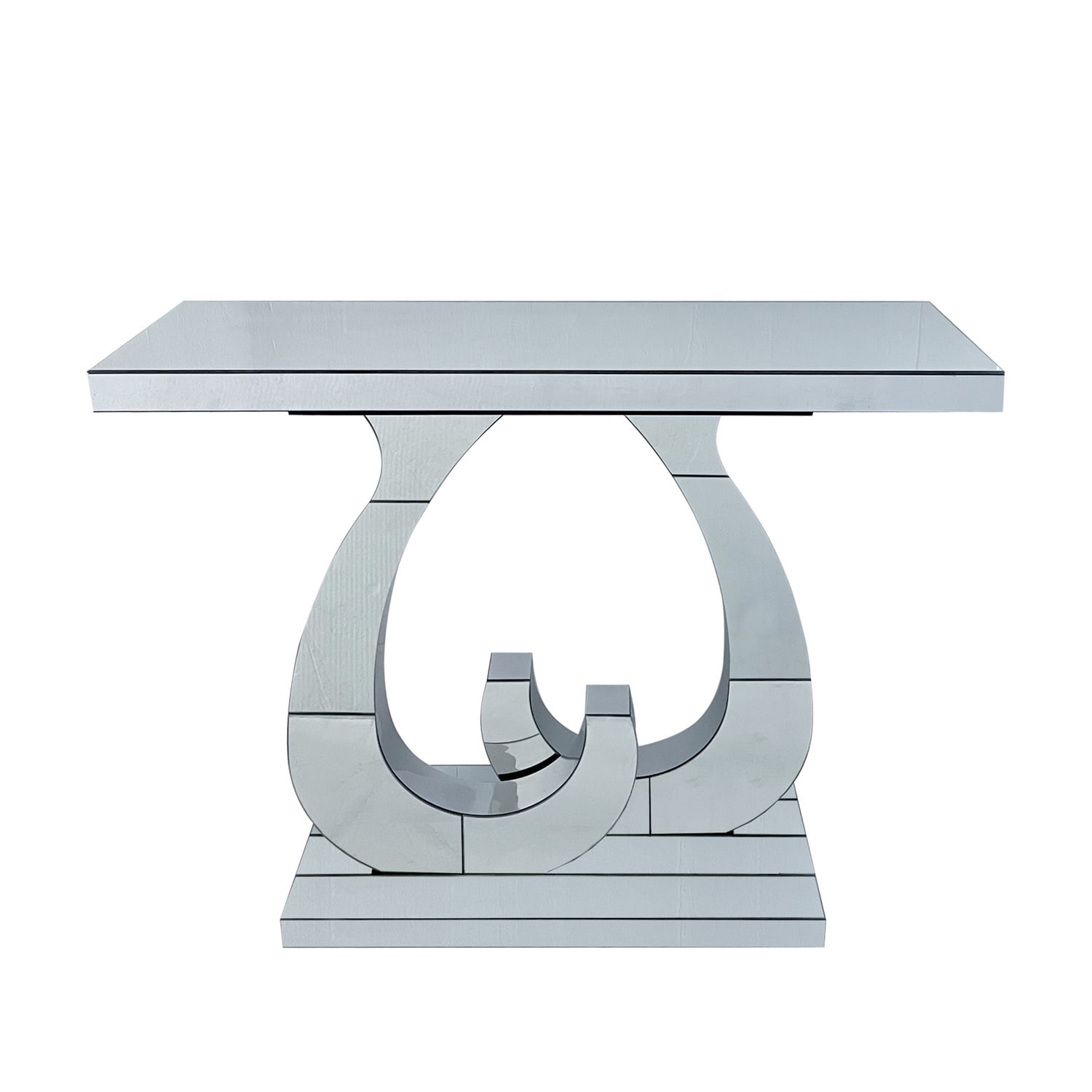 Hommoo Modern Mirror Side Table Glass Sofa Table with Mirror Effect and Double C-Shaped Base, Entrance Table Rectangular Decoration Hall Table for Living Room, Hallway, Silver