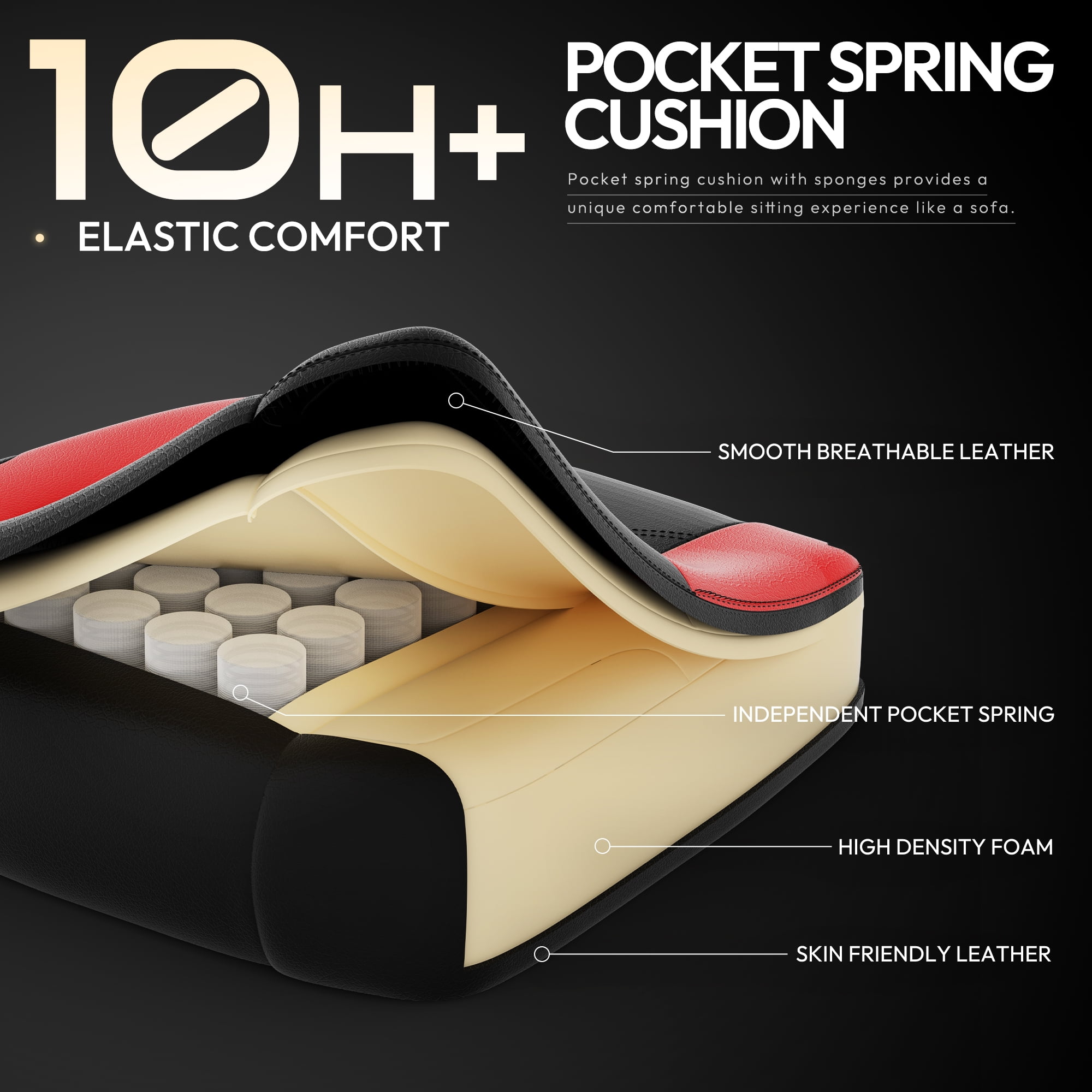 Dowinx Gaming Chair with Pocket Spring Cushion for Adults, Ergonomic Computer Chair with Footrest and Massage Lumbar Support for Office, Gaming, 300LBS, Red