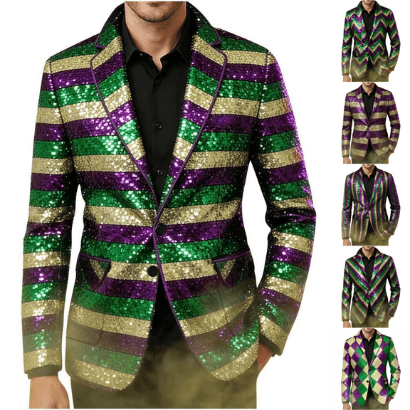 Mceream Mens Sequin Blazer Sparkly Glitter Mardi Gras Jacket Print Suit Jacket Party Wedding Banquet Prom Tuxedo Two Button Sport Coats Mardi Gras Suit Blazer with Pockets Traje De Gala Para Hombre