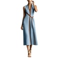 thumbnail image 6 of Women's V Neck Sleeveless Self Belt Midi Dress, Fake Two Tone Layered Loose Casual Dress with Side Pockets Blue XL(XL), 6 of 8
