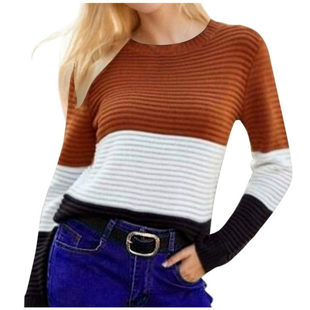 Timegard Chandails pour Femmes Tricot Col Rond Manches Longues Ajusté Chandail Bloc Couleur T-Shirt Ample Automne