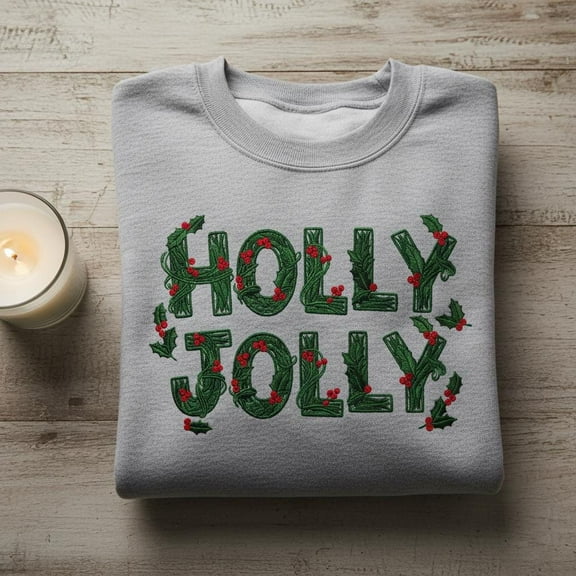Holly Jolly Christmas Embroidered Sweatshirt, Festive Xmas Crewneck, Holiday Sweater, Winter Botanical T-shirt, Holly Berry Design