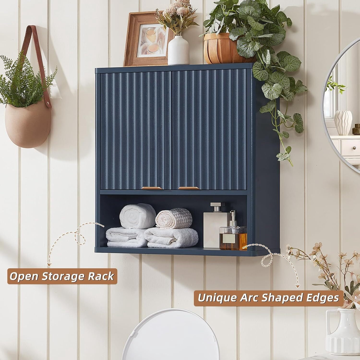 Leyaoyao Fluted Bathroom Cabinet Wall Mount, Adult Medicine Cabinet Storage Organizer with Doors and Adjustable Shelves, Navy