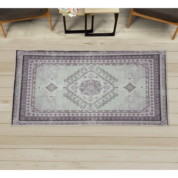 Ethnic Decorative Rug, Geometric Vintage Bohemian Design of Floral Ornaments in Dusty Tones Print, Quality Carpet for Bedroom Dorm and Living Room, 6 Sizes, Eggplant and Coconut, by Ambesonne
