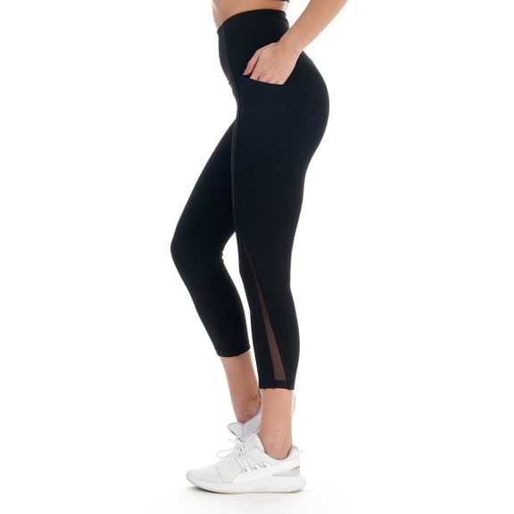 Women's Active High Waist 7/8 Length Legging With Striped Sheer Mesh & Pockets