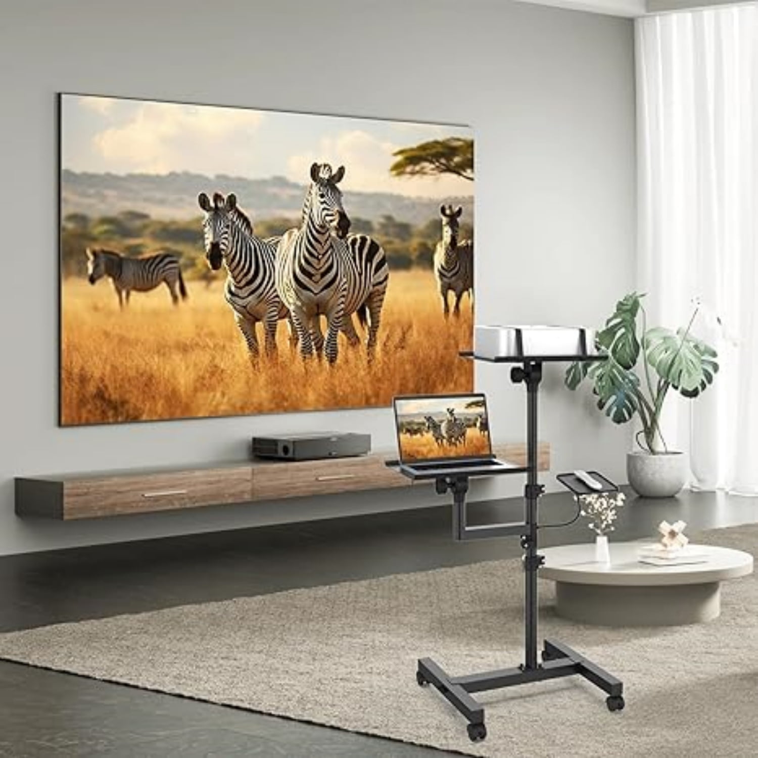 2 Shelves Mobile Projector Stand, Rolling Laptop Stand Adjustable Height to 47 Inches, Podium Stands with Ventilated Tray, Heavy Duty, Laptop Floor Stand for Office, Home, Stage