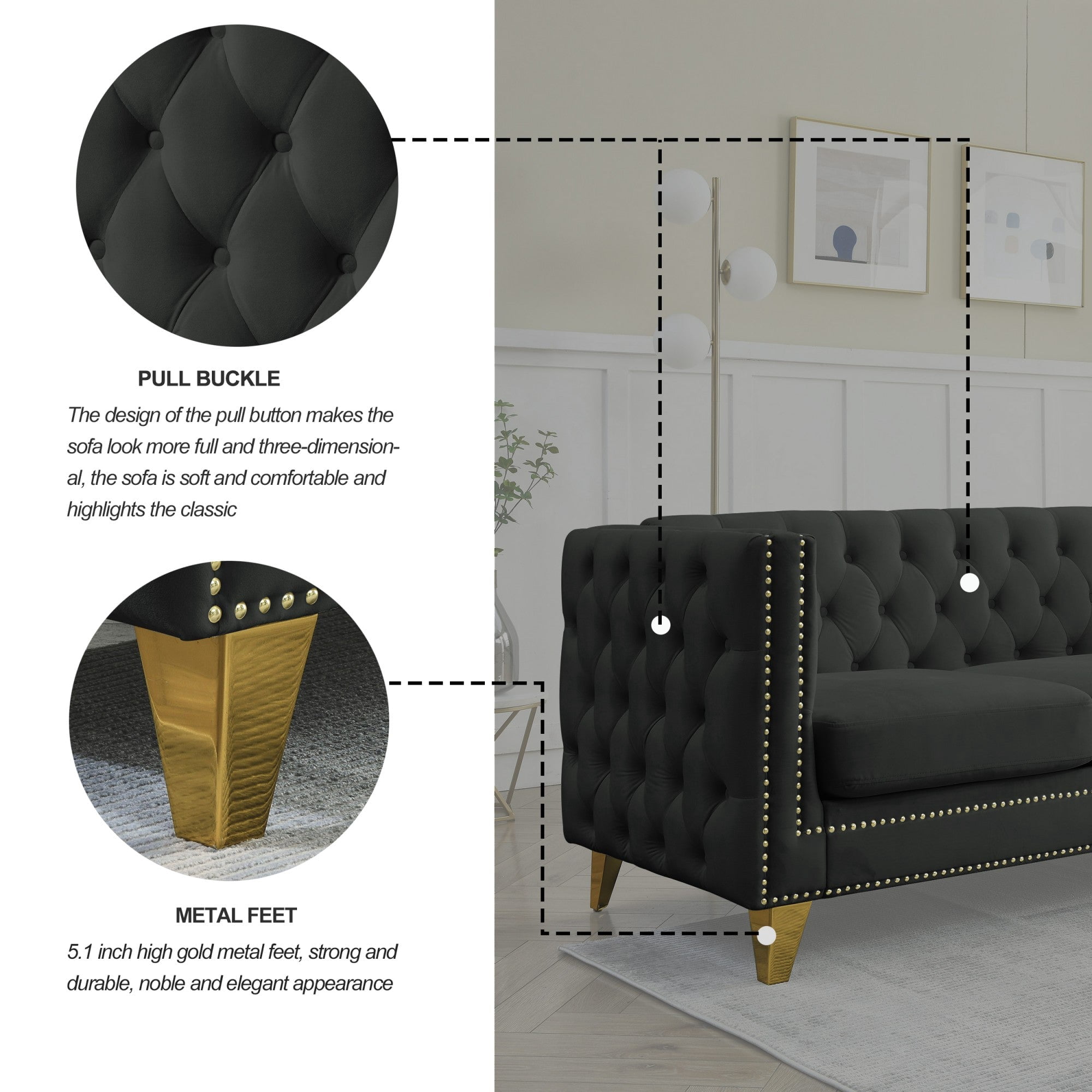Sailvan 82" Velvet Chesterfield Sofa, Tufted Button Couch with Gold Metal Legs & Nailhead Trim, Modern 2-Seater with Unique Charm Loop Black