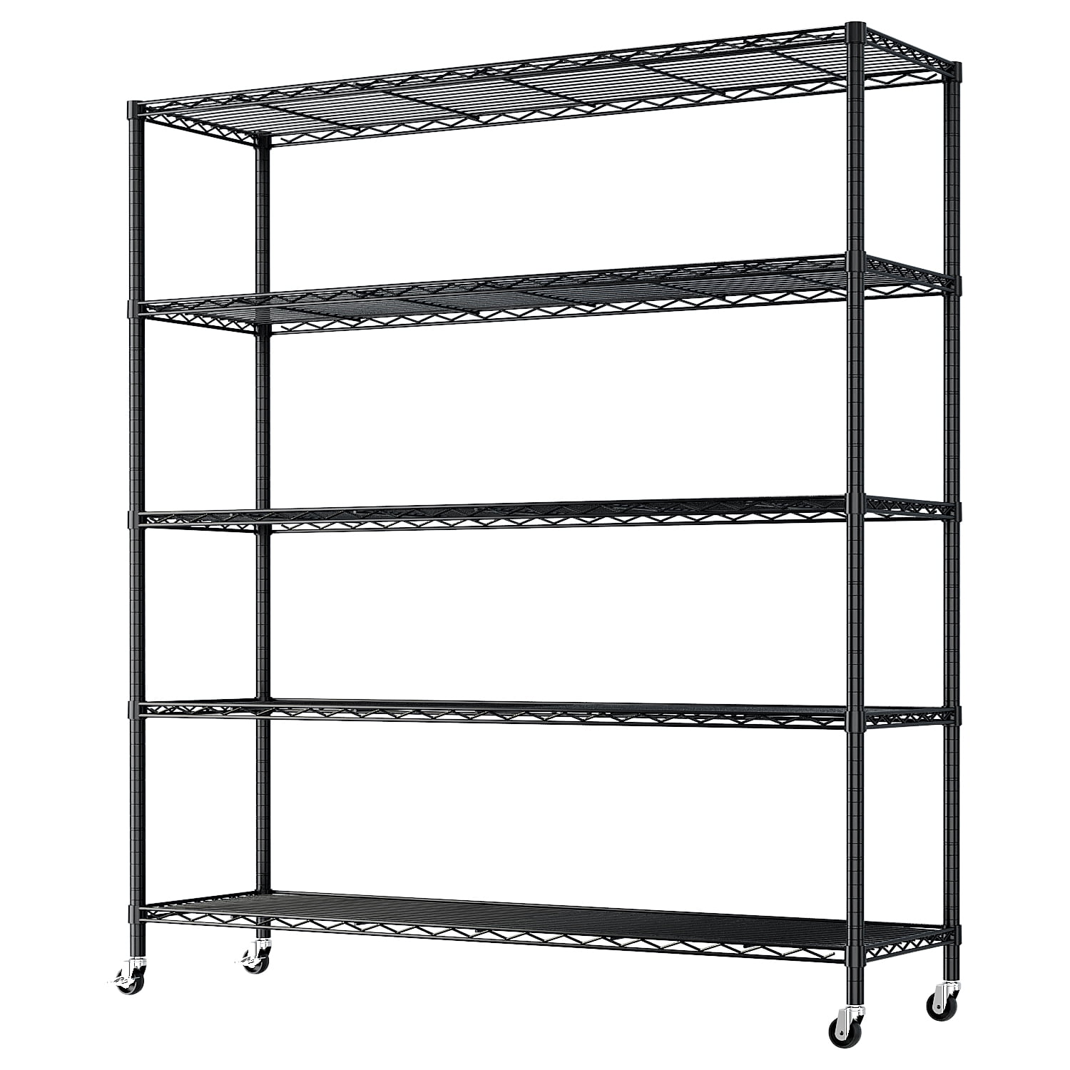 5-Tier Adjustable Iron Shelving Unit with Lockable Casters, Black, 46.85 x 18.50 x 72.83 in