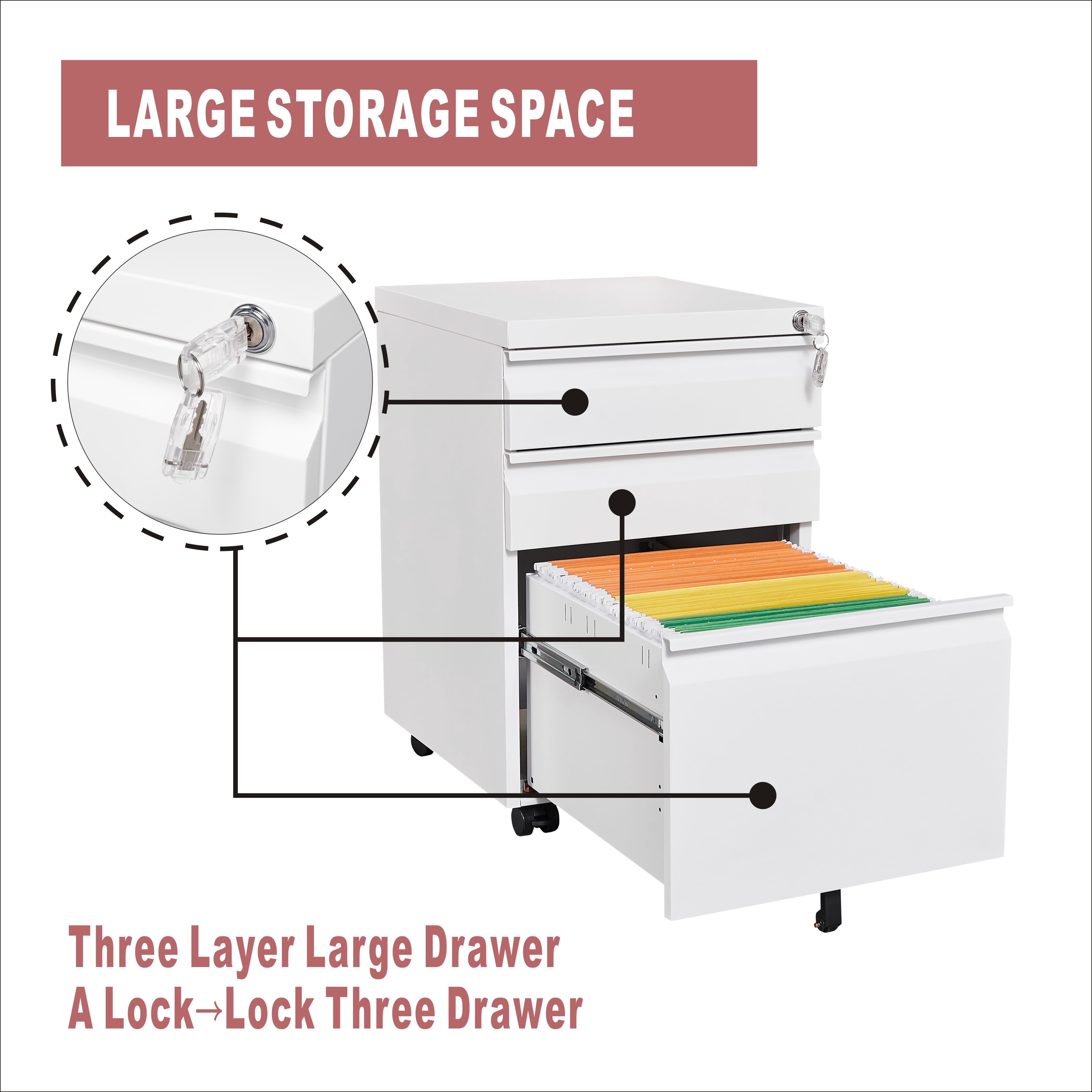 Marcree 3 Drawers Mobile Filing Cabinet, Metal File Cabinets with Drawers and Wheels, Office Mobile File Cabinet with Lock, White