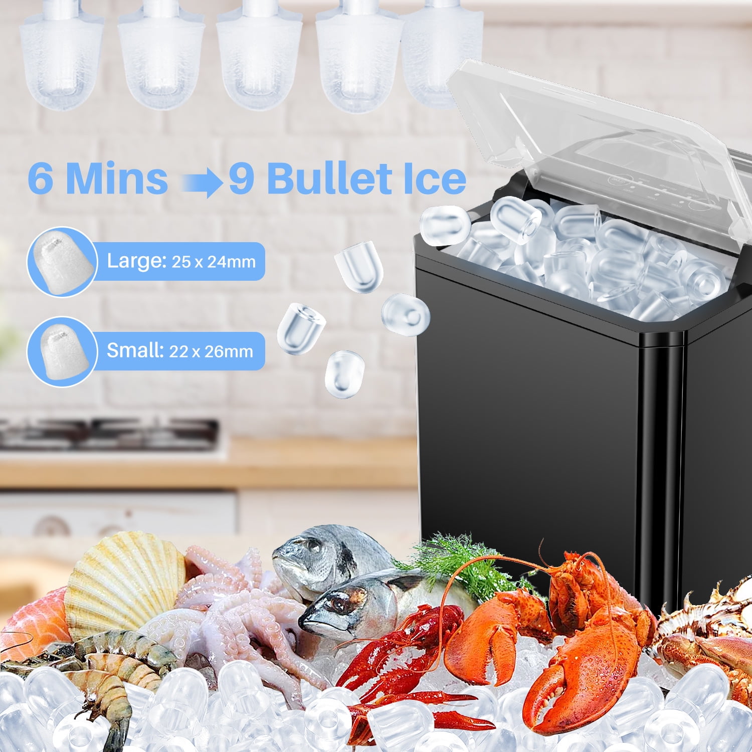 Ice Maker, 9 Cubes in 6 Mins, 26lbs/24Hrs, Portable Countertop Icemaker, Self Cleaning Quiet 2 Sizes, with Ice Scoop, for Home/Kitchen/Camping/RV, Black