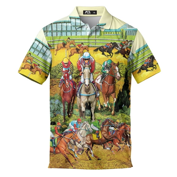 Horse Racing Polo Shirts for Men Golf Shirts Kentucky Derby Horse Gifts Mens Polo Shirts Short Sleeve Button Up Shirt Men