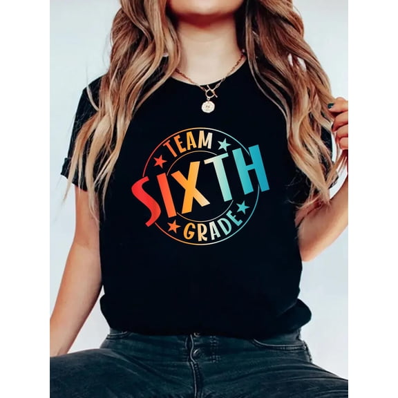 Cotton Team Sixth Grade Teacher Student Back to School 6th Grade T-Shirt Women's Graphic Tee Casual Tops
