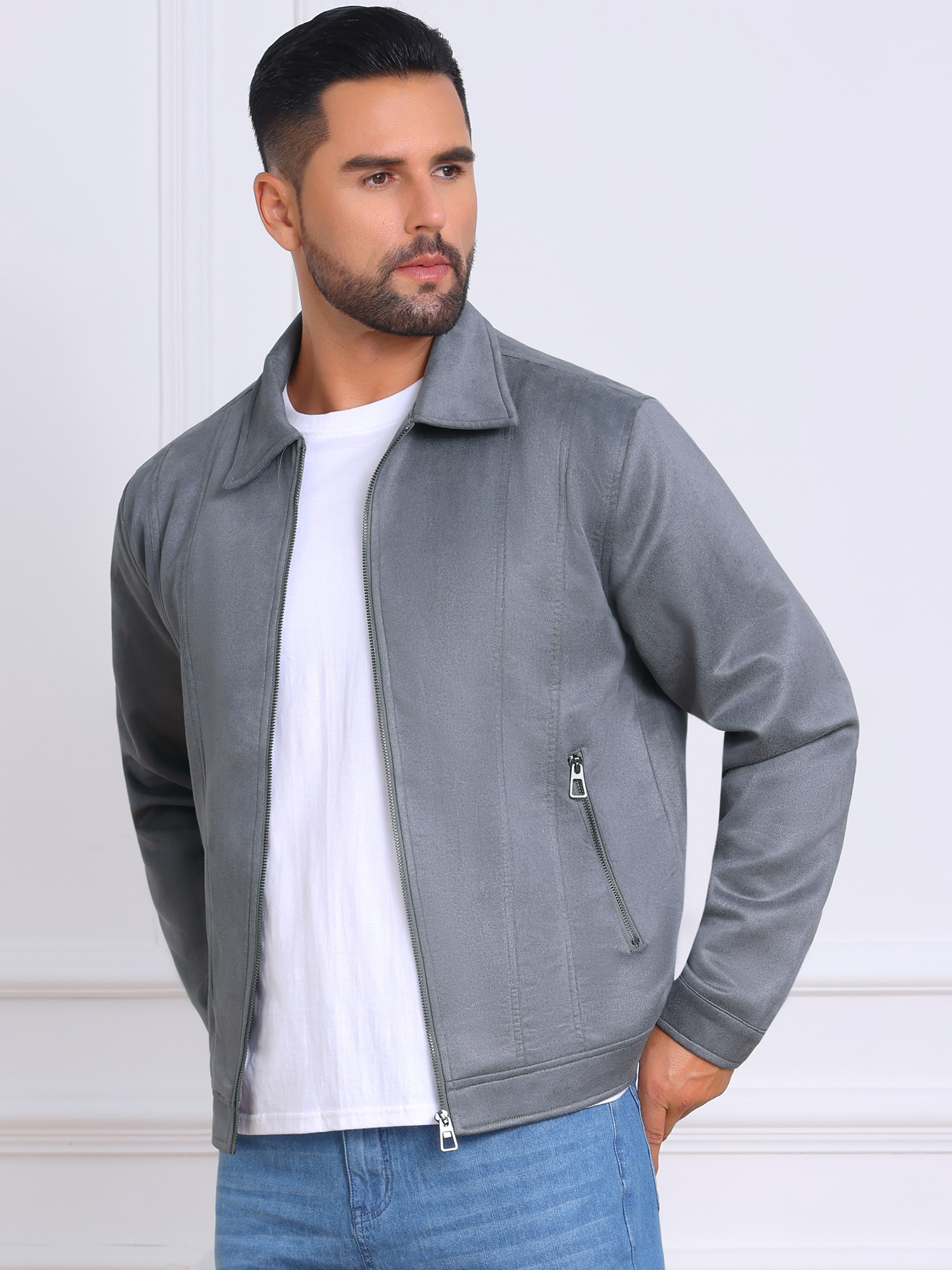 DARING DIVA Men's Collared Zipper Outdoor Wear Vintage Suede Jacket 2XL Gray