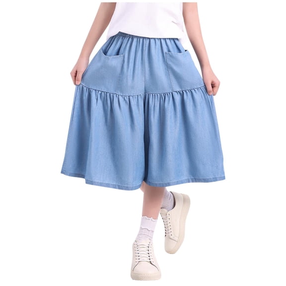 ATOYSOY Kids Lightweight Denim Culottes Elastic Waist Girls Flowy Wide Leg Shorts Breathable Casual Skirt Pants For School Summer Daily Wear