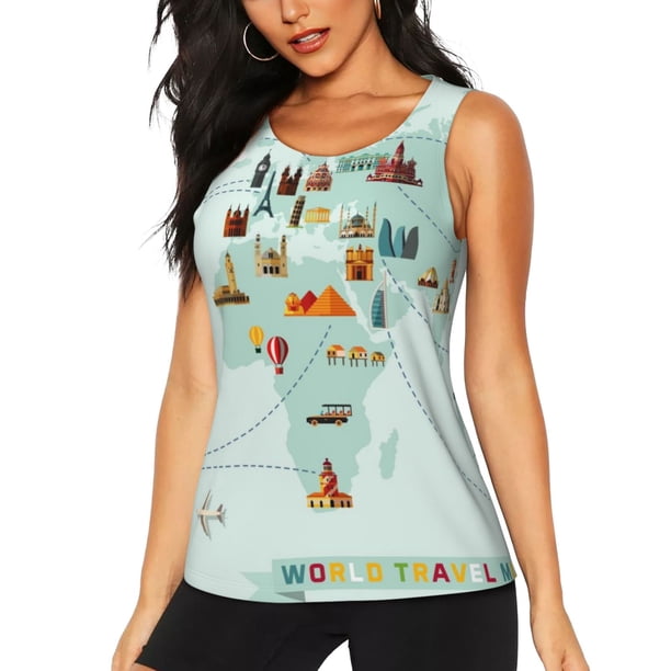 Fotbe World Travel Map Blusas Sin Mangas para Mujer – Estilo Casual, Corte Suelto, Slim-Fit, Cuello Redondo Deportivo, Tops de Verano para Gimnasio y Yoga-X-Large