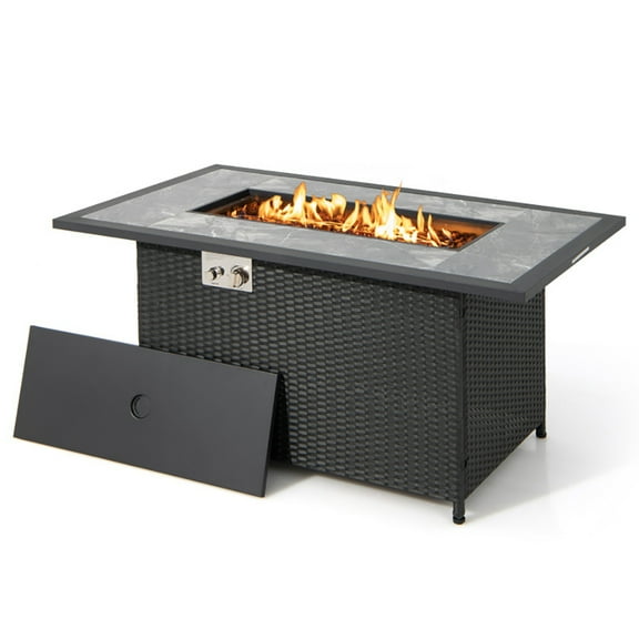 Yardi Yard 52 Inch Rattan Wicker Propane Fire Pit Table with Rain Cover and Lava Rock-Black, Propane Fire Pit for Outdoor, Outside Patio Deck and Garden