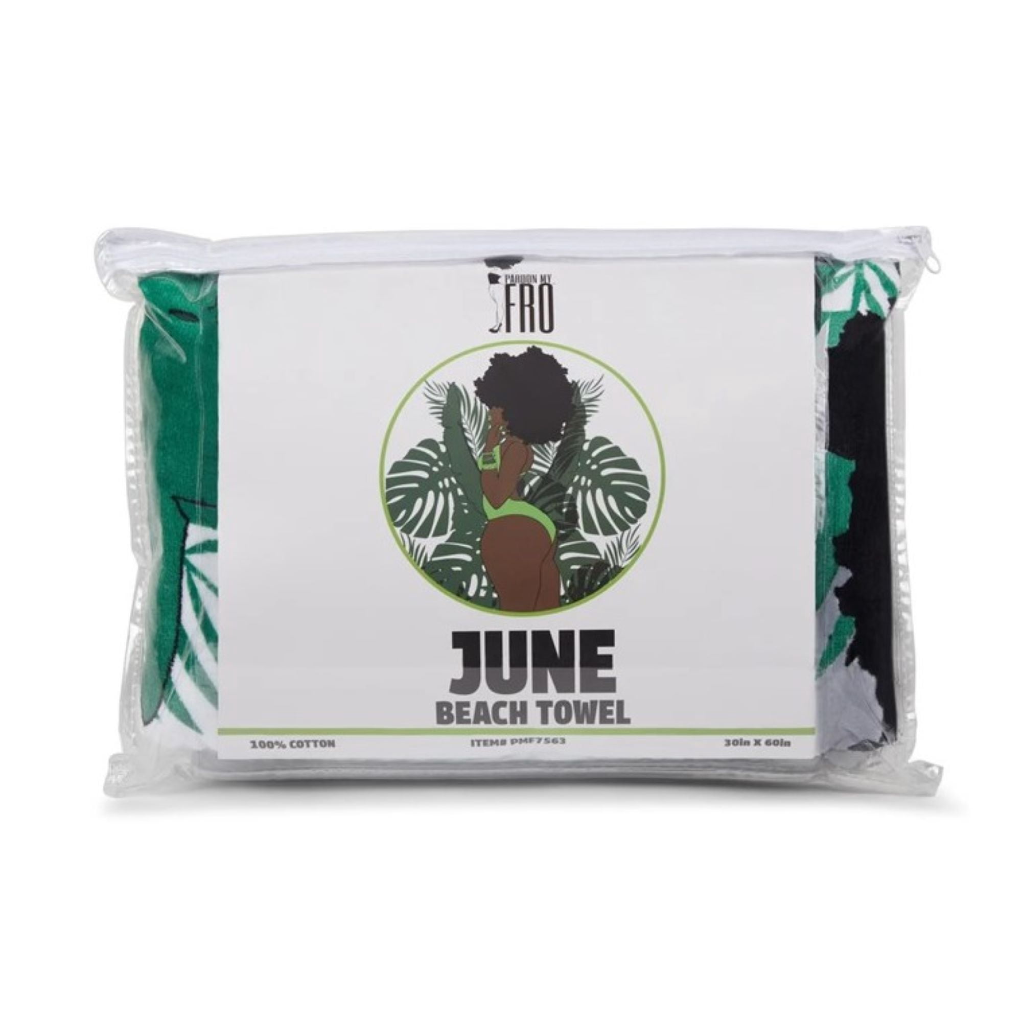 Pardon My Fro June Large Plush Cotton Beach Towel for Women, White & Green, 30" x 60", 1 Piece