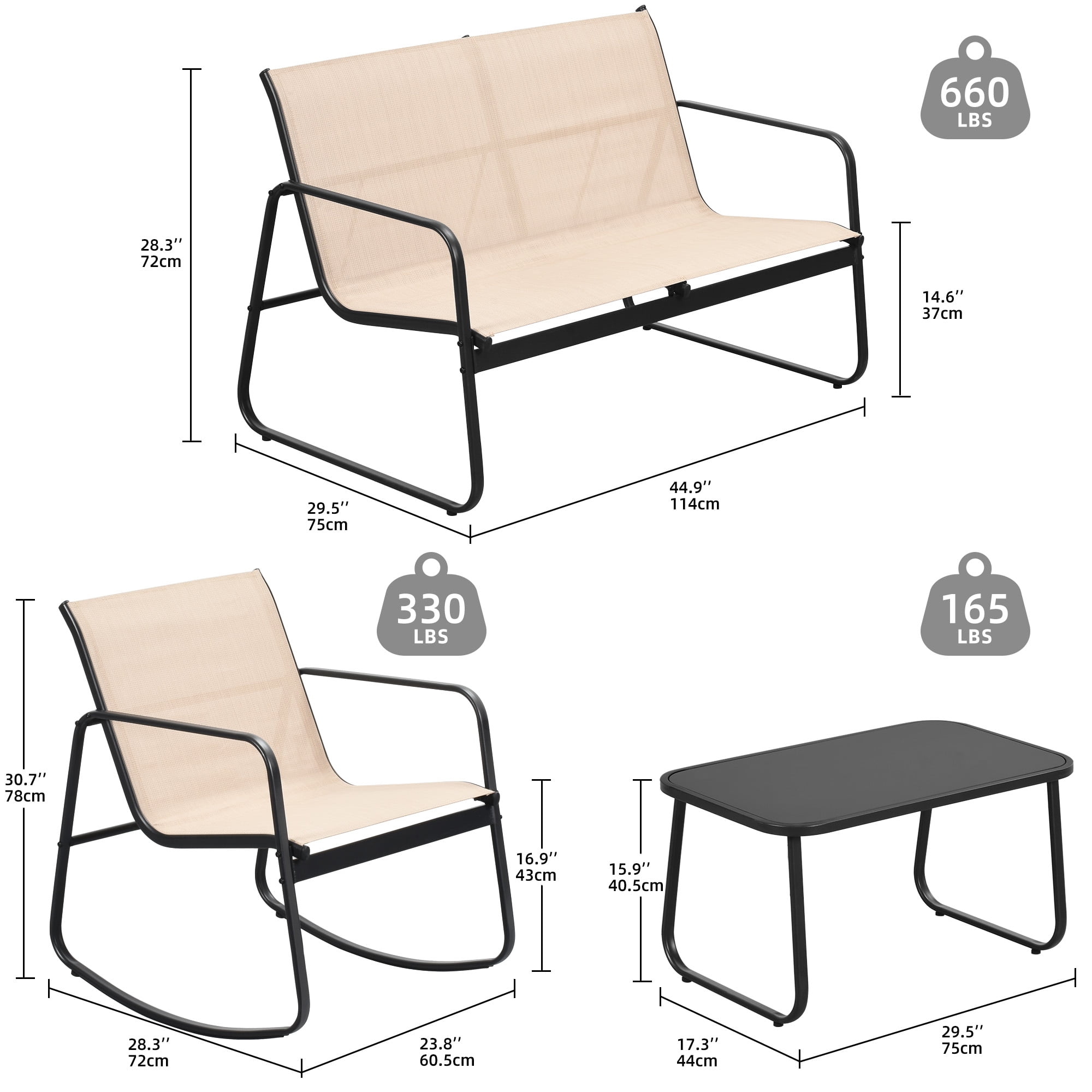 Uforic 4 Pieces Outdoor Furniture Set,Patio Textilene Steel Conversation Set with Loveseat Chair,Rocking Chair Set of 2 and Tea Table - Brown