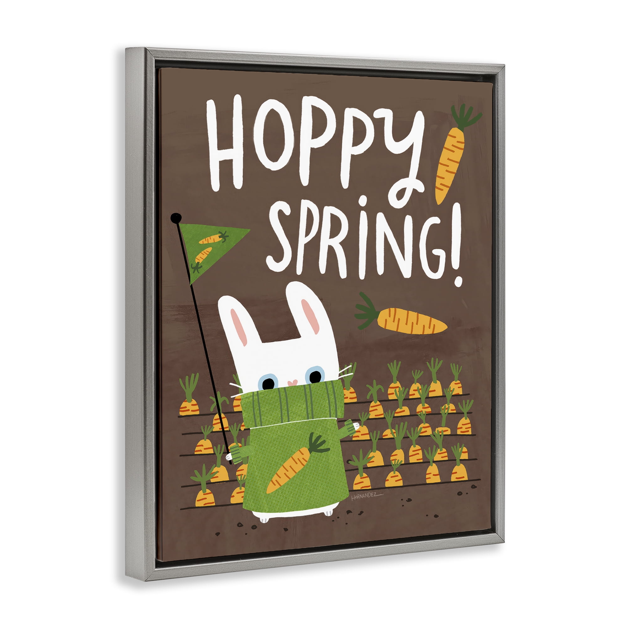 Stupell Industries Happy Spring Bunny & Carrots Animals Painting Gray Floater Framed Canvas Art Print Wall Art, 17 x 21