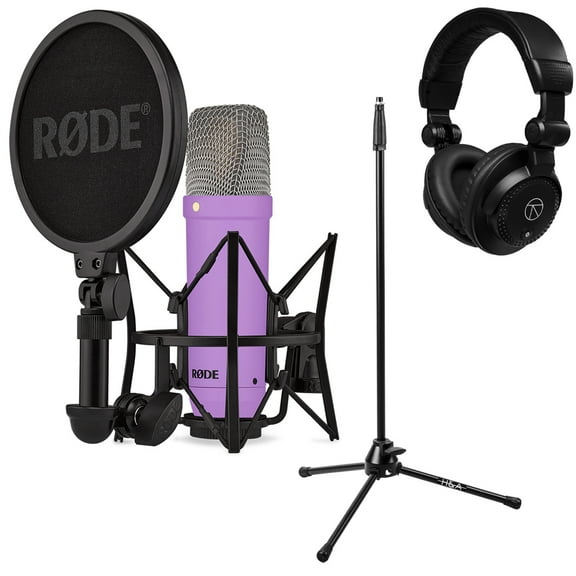 Rode Signature Series NT1 Cardioid Condenser Studio Microphone, Purple, Bundle with H&A Microphone Stand and TAPH100 Studio Monitor Headphones