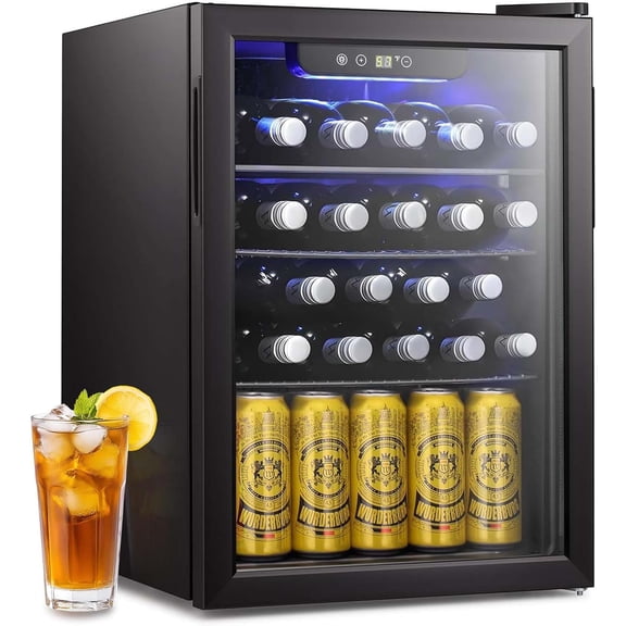 16 Bottle Wine Cooler Beverage Refrigerator Small Mini Wine Cellar Beer Soda Clear Glass Door Bar Fridge Quiet Operation Compressor Adjust Temp Control Freestanding, 2.4 Cu. Ft