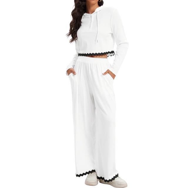 Conjuntos de dos piezas ATHLECHIC para mujeres, sudadera recortada de punto acanalado con medio botón y pantalones de pierna ancha, conjuntos de lounge casuales XL en blanco y negro