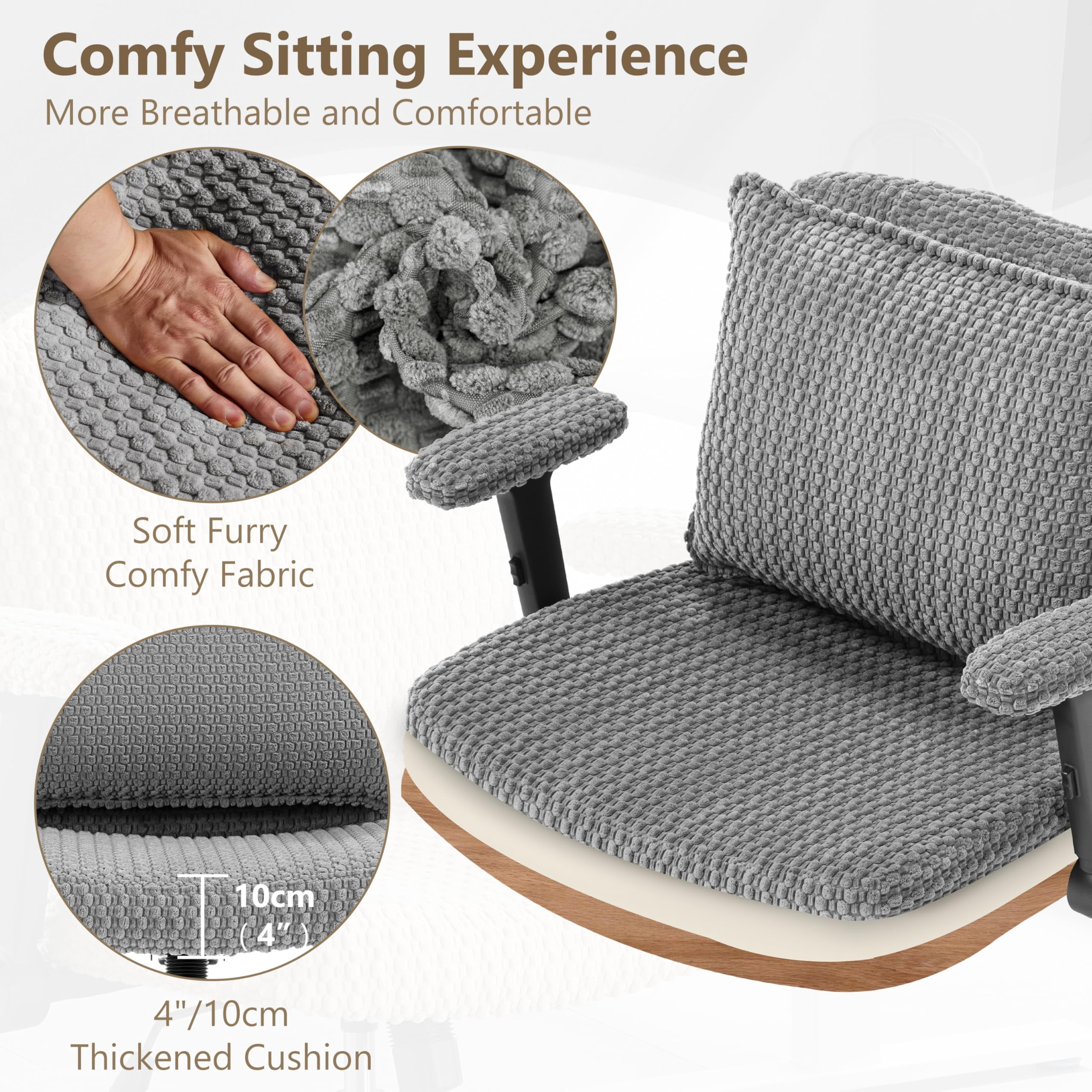 Nexthro Criss Cross Chair,Cross Legged Chair with Wheels and Arms,27" Wide Seat Office Desk Chair with Flipable Back Cushion,Mid Back Beige Swivel Chair for Home Office,Bedroom Vanity(Gray)