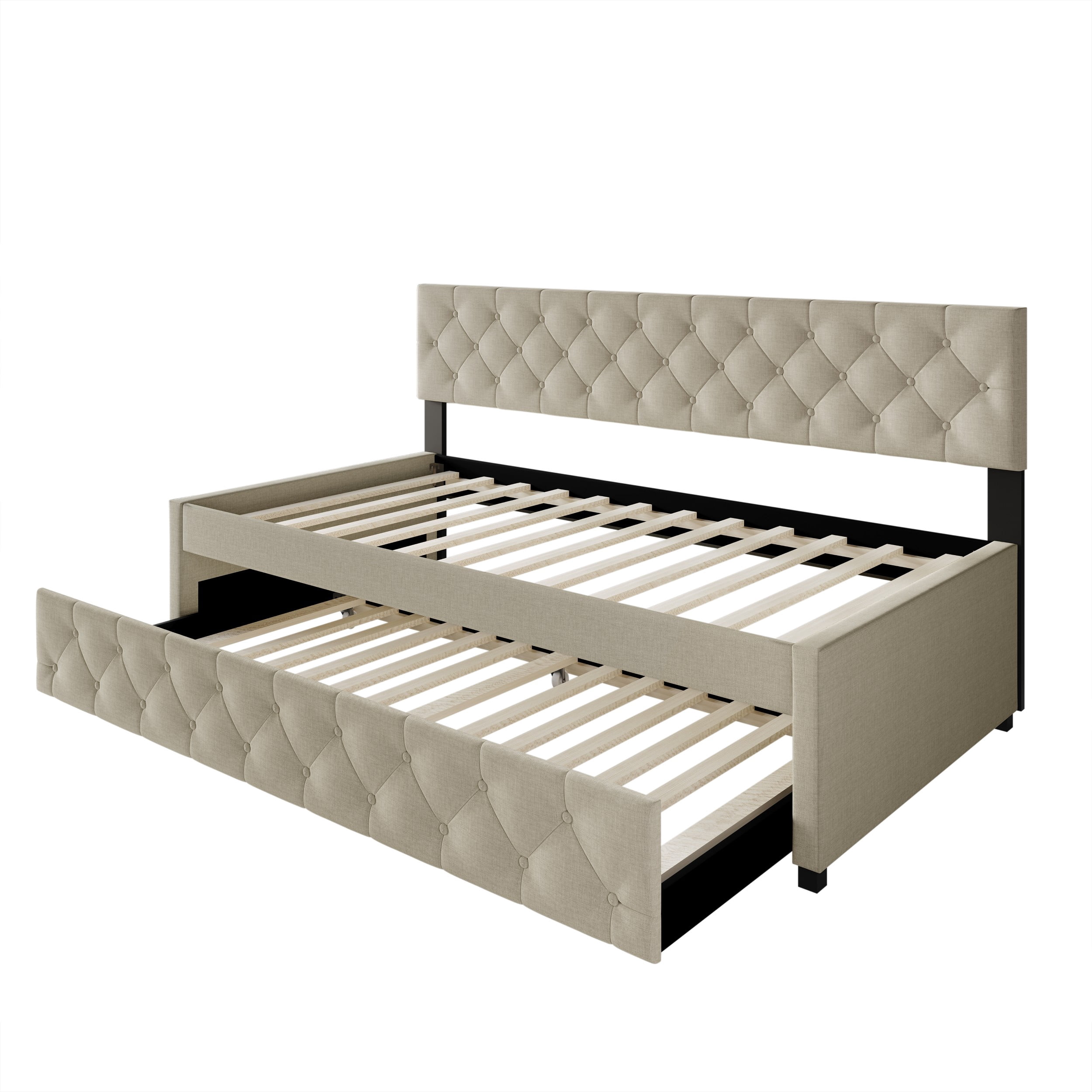 Home Design Tyler Twin Daybed with Trundle, Linen Upholstery, Button-Tufted Design, Foam Padding, Pull-Out Trundle, Stylish Seating and Sleeping Solution, Warm Gray
