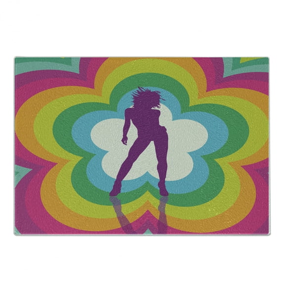 70s Party Cutting Board, Vibrant Colorful Flowers with Dancing Woman Silhouette on Retro Design Backdrop, Decorative Tempered Glass Cutting and Serving Board, Small Size, Multicolor, by Ambesonne